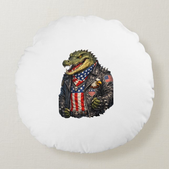 Fierce Patriotic Alligator Biker Leather Jacket St Round Cushion (Front)