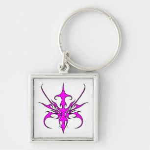 Fierce Pink and Black Tribal Line Art Illustration Key Ring