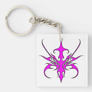Fierce Pink and Black Tribal Line Art Illustration Key Ring