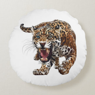 Fierce Roaring Jaguar Illustration Wild Jungle Round Cushion