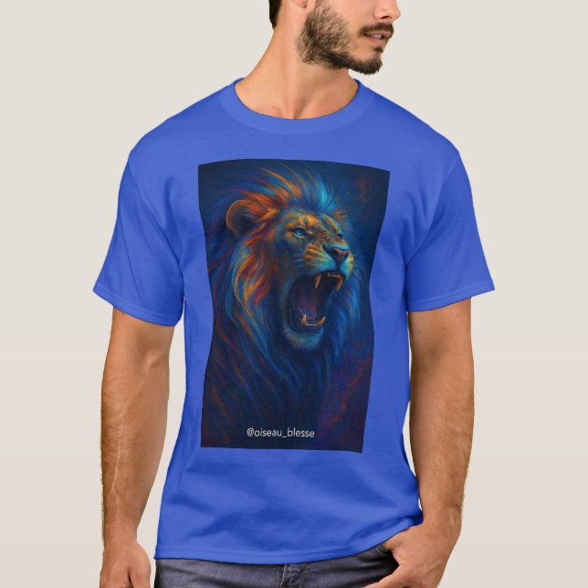 Fierce Roaring Lion – Blue & Orange Glow T-Shirt (Front)