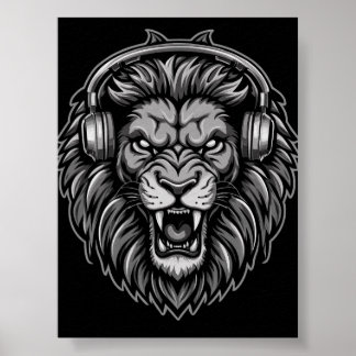 Fierce Roaring Lion with Headphones Monochrome Pos Poster