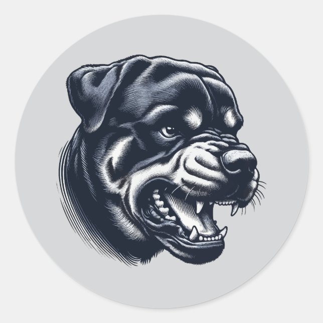 Fierce Rottweiler Head – Monochrome Classic Round Sticker (Front)