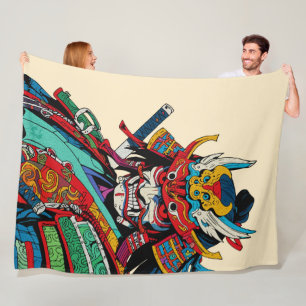 Fierce Samurai Warrior – Colourful Japanese Bushid Fleece Blanket