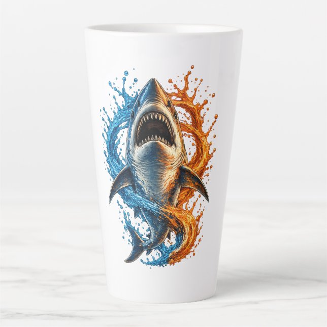 Fierce Shark Splash Design – Blue & Orange Ocean P Latte Mug (Front)