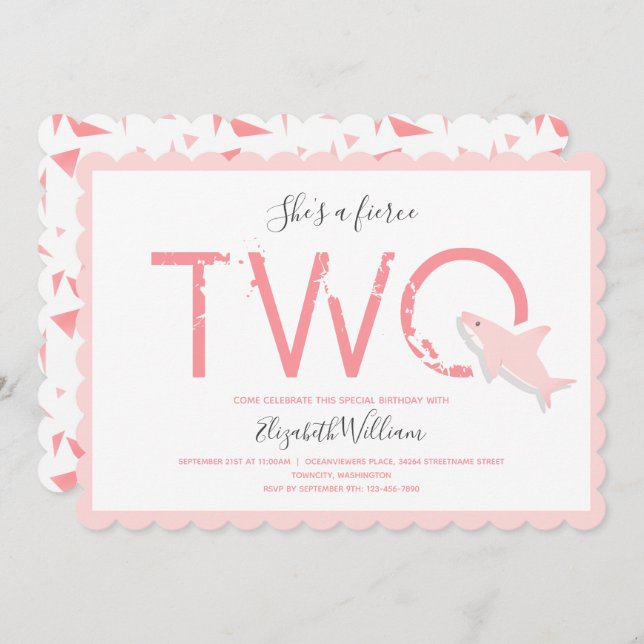 Fierce Two Pink Shark Animal 2nd Birthday Invitation (Front/Back)
