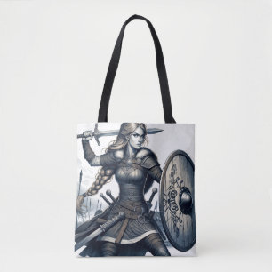 Fierce Valkyrie Warrior – Norse Mythology Line Art Tote Bag