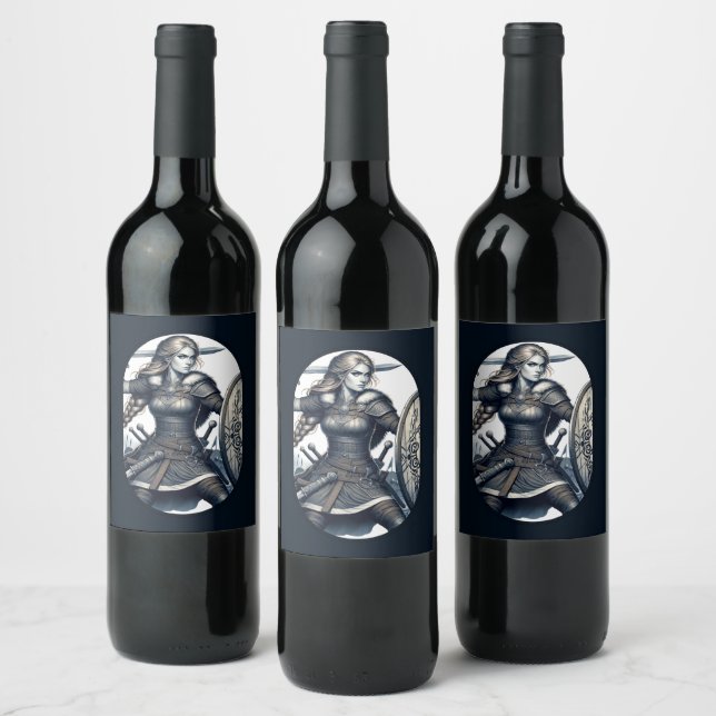 Fierce Valkyrie Warrior – Norse Mythology Line Art Wine Label (Bottles)