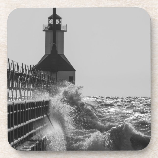 Fierce Waves At St Joseph Grayscale Coaster (Front)