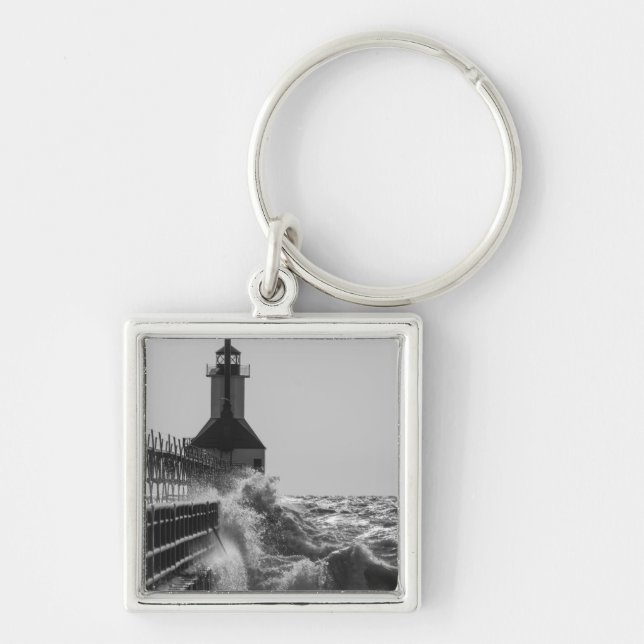Fierce Waves At St Joseph Grayscale Key Ring (Front)