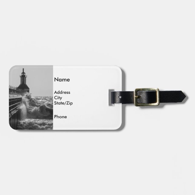 Fierce Waves At St Joseph Grayscale Luggage Tag (Front Horizontal)