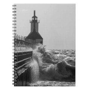 Fierce Waves At St Joseph Grayscale Spiral Notebook