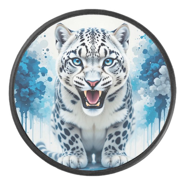 Fierce White Leopard Hockey Puck (Front)