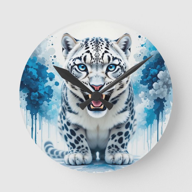 Fierce White Leopard Round Clock (Front)