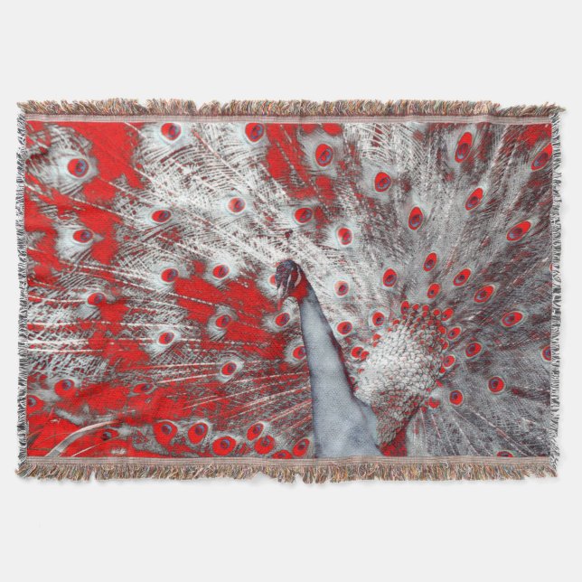 Fierce White Red Peacock Throw Blanket (Front)
