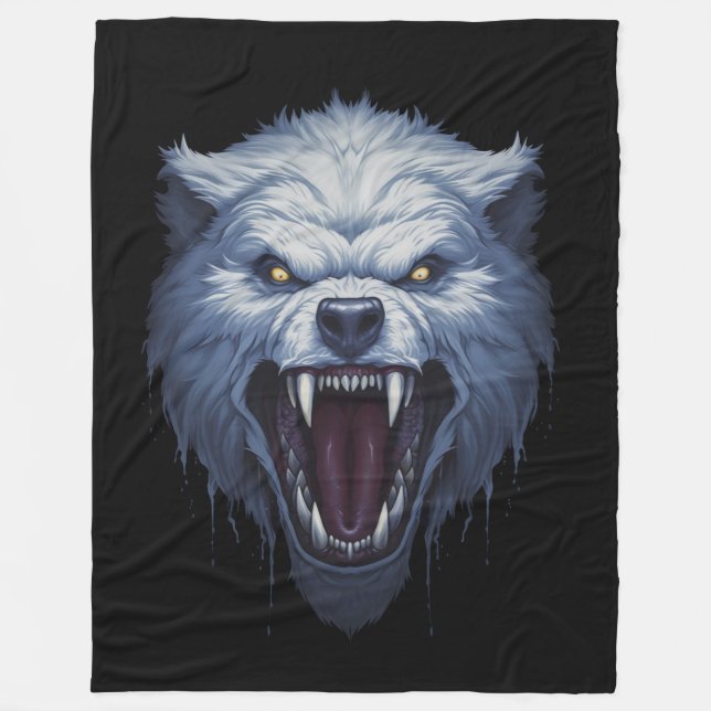 Fierce White Wolf Head Dark Fantasy Illustration Fleece Blanket (Front)