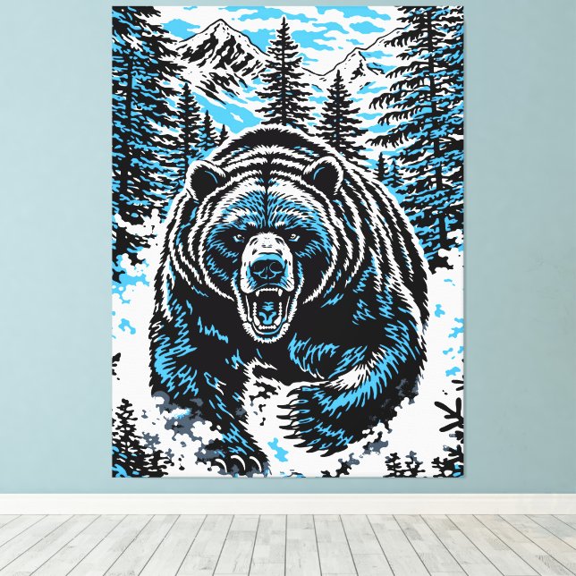 Fierce Wilderness Bear Roar Illustration Canvas Print (Insitu(Wood Floor))