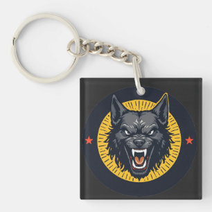 Fierce Wolf Illustration with Circular Design Key Ring