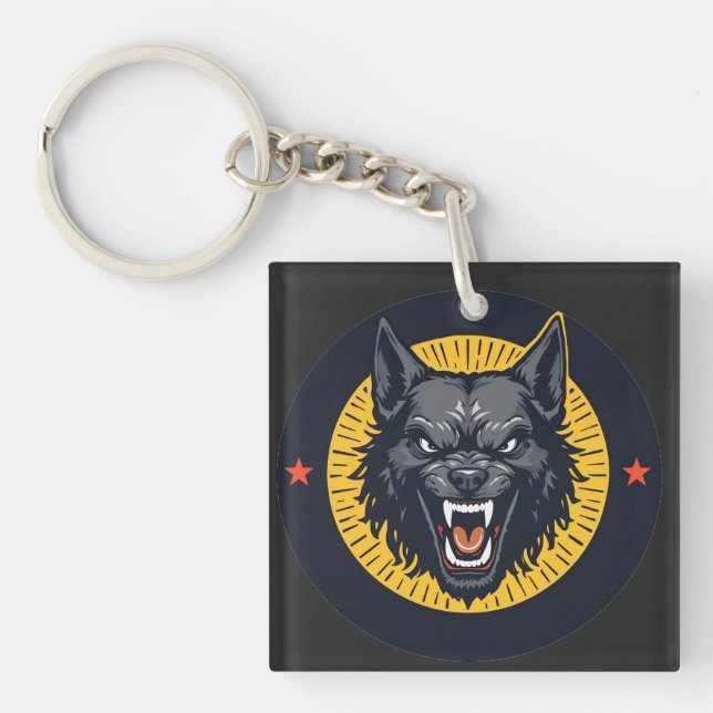 Fierce Wolf Illustration with Circular Design Key Ring (Front)