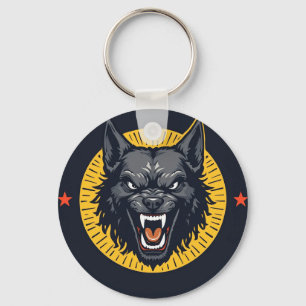 Fierce Wolf Illustration with Circular Design Key Ring