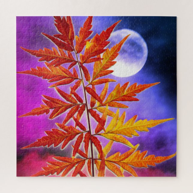 Fiery Autumn Leaves Against Luminous Full Moon Sky Jigsaw Puzzle (Vertical)