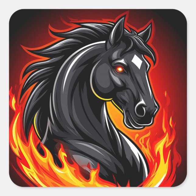 Fiery Black Horse Illustration with Glowing Eyes Square Sticker (Front)