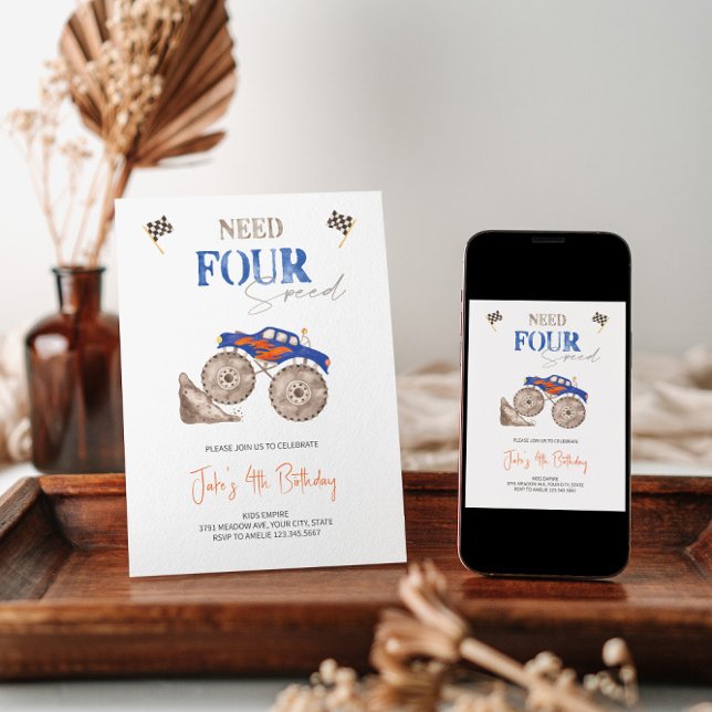 Fiery Blue Monster Truck 4th Invitation  (Creator Uploaded)