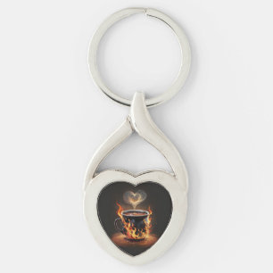 Fiery Christmas Coffee Cup with Heart Steam Art Key Ring