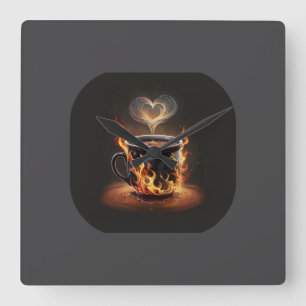 Fiery Christmas Coffee Cup with Heart Steam Art Square Wall Clock