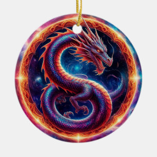 Fiery Cosmic Dragon Encircled by a Celestial Ring Ceramic Tree Decoration