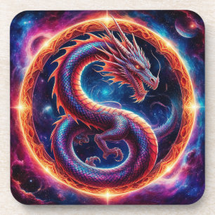 Fiery Cosmic Dragon Encircled by a Celestial Ring Coaster