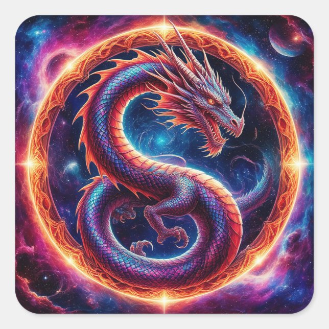 Fiery Cosmic Dragon Encircled by a Celestial Ring Square Sticker (Front)