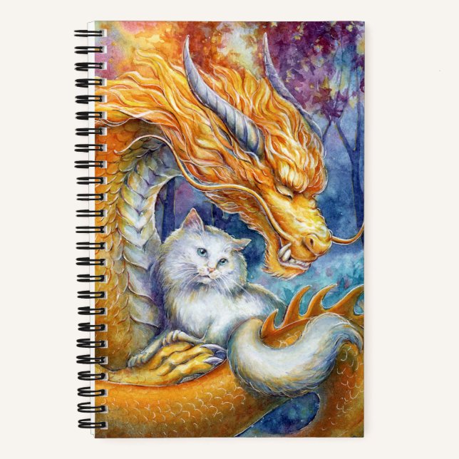 Fiery Dragon and White Cat Fantasy Watercolor Art Notebook (Front)