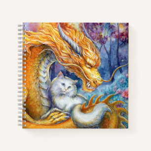 Fiery Dragon and White Cat in Mystical Forest Notebook