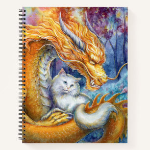 Fiery Dragon and White Cat in Mystical Forest Notebook