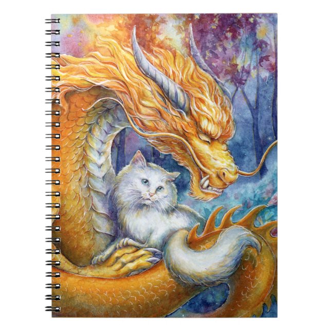 Fiery Dragon and White Cat in Mystical Forest Notebook (Front)