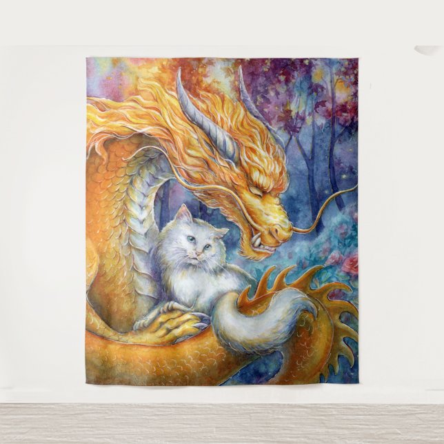 Fiery Dragon and White Cat in Mystical Forest Tapestry (Front)
