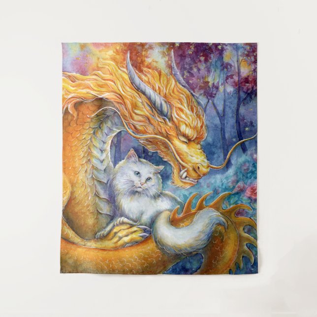 Fiery Dragon and White Cat in Mystical Forest Tapestry (Front)