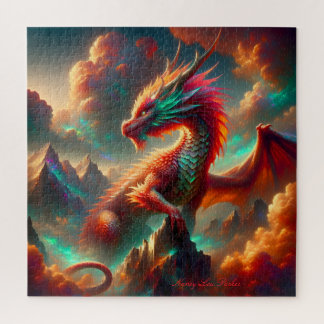 Fiery Dragon on Mountain Peak with Twilight Sky Jigsaw Puzzle