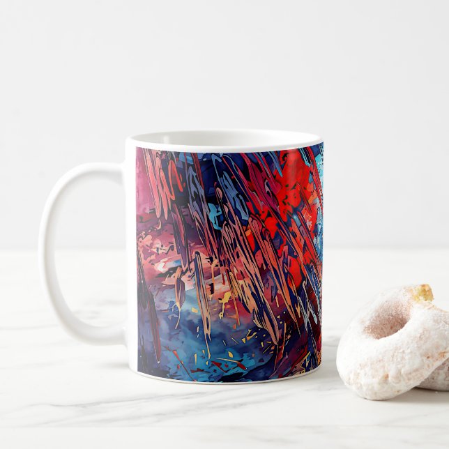 Fiery Drift Blue Red Contemporary Abstract Art Coffee Mug (With Donut)