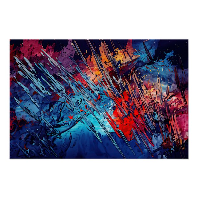 Fiery Drift Blue Red Contemporary Abstract Art Poster (Front)