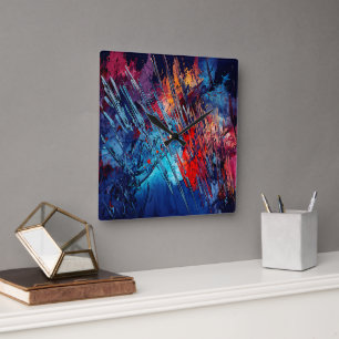 Fiery Drift Blue Red Contemporary Abstract Art Square Wall Clock