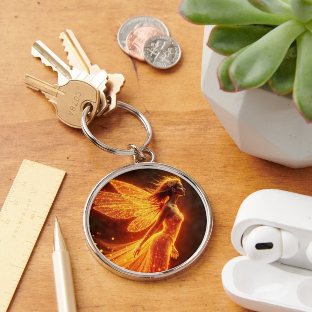 Fiery fairy girl red glow wings cute magic neon key ring (Desk)