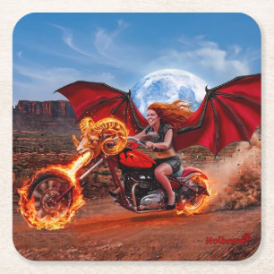 Fiery Foxella Vampire Biker Babe Square Paper Coaster