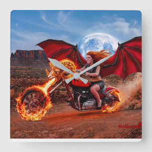 Fiery Foxella Vampire Biker Babe Square Wall Clock