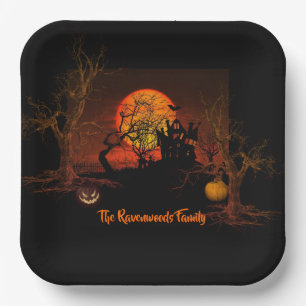Fiery Full Moon Halloween Paper Plate