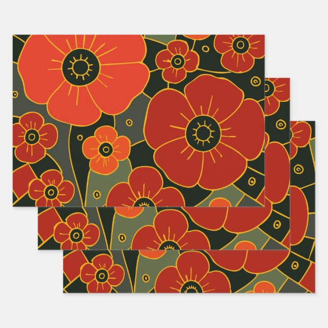 Fiery Garden – Stylised Poppy Bloom Wrapping Paper Sheet (Set)