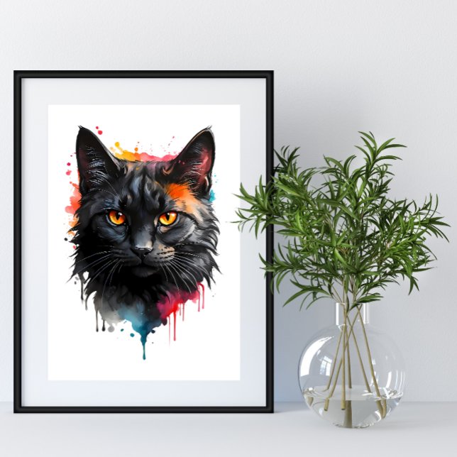 Fiery Gaze Black Cat Watercolor Animal Wall Art (Creator Uploaded)