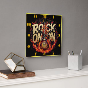Fiery guitar artwork with rock-themed design square wall clock