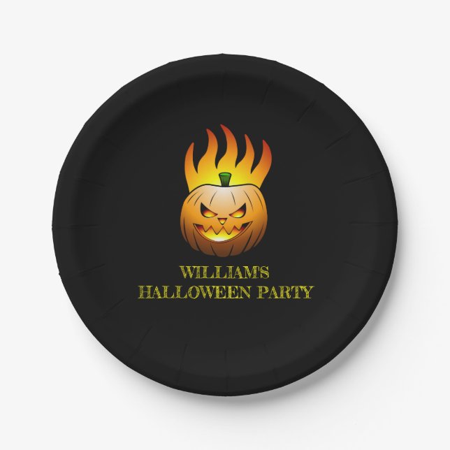Fiery Halloween Pumpkin Paper Plate (Front)